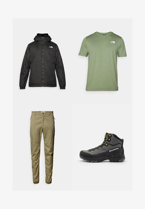 Juodas „The North Face“ striukė su gobtuvu, priekyje užtrauktuku, elastingomis rankogaliais ir logotipu viršutinėje kairėje krūtinės pusėje ant baltos fono.; Alyvuogių žalios spalvos trumpomis rankovėmis marškinėliai, pagaminti iš minkštos medžiagos. Sukurtas su apvalia iškirpte ir balta logo kairėje krūtinės pusėje. Lygi tekstūra visame paviršiuje.; Olive spalvos kelnės, pagamintos iš lengvos medžiagos, su priekinių kišenių, šoninio užtrauktuko detale ir elastiniais rankogaliais.; Juodos ir pilkos žygio sportbačiai su tekstūruota medžiaga, ryškiai geltonais akcentais, sustiprinta nosimi ir guminėmis išorinėmis detalėmis su giliai išraižytu raštu, užtikrinančiu sukibimą.