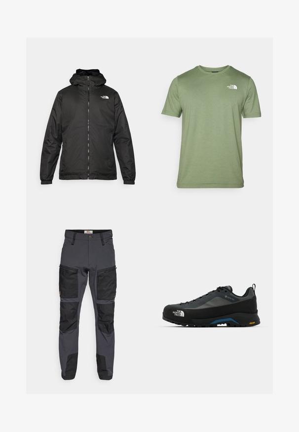 Melnā The North Face kapuce jaka ar priekšējo rāvējslēdzēju, elastīgām piedurknēm un logo augšējā kreisajā krūtī uz balta fona.; Olivu zaļā īsām piedurknēm T-kreklā, kas izgatavots no mīkstas auduma. Tam ir apaļa izgriezuma kakla līnija un balts logs uz kreisā krūts. Gluda tekstūra visā kreklā.; Pelēki āra bikses ar melnām akcentēm, izgatavotas no izturīga materiāla. Iespējotas vairākas kabatas un nostiprinātas ceļa zonas papildu izturībai.; The North Face VERTO ALPINE GORE TEX - Pārgājienu apavi - asphalt grey/tnf black