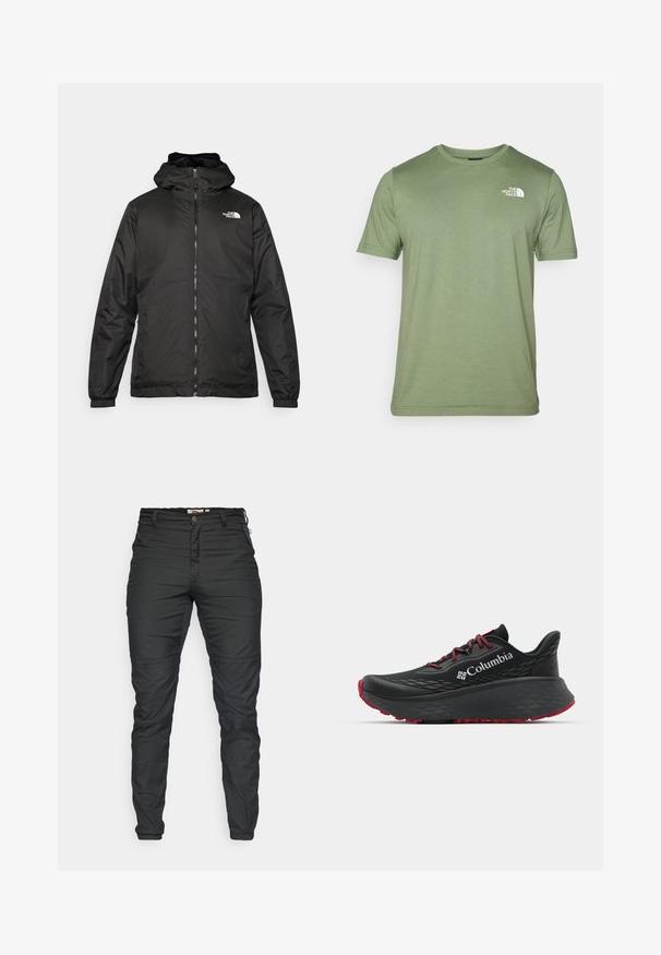 Črna kapuca jakna The North Face z sprednjim zadrgo, elastičnimi manšetami in logotipom na zgornjem levem prsnem delu na belem ozadju.; Olivno zelena majica s kratkimi rokavi, narejena iz mehkega materiala. Ima okrogel ovratnik in belo logo na levem prsnem delu. Gladka tekstura po celotni površini.; Črne, zožene hlače iz trpežne tkanine. Imajo sprednji zadrgo, okvirčke za pas in stranske žepe z zadrgami. Gladka tekstura.; Črne atletske čevlje s teksturiranim zgornjim delom, rdečimi vezalkami in logotipom. Debel podplat s patternom za boljši oprijem. Minimalistična zasnova, stranski pogled.