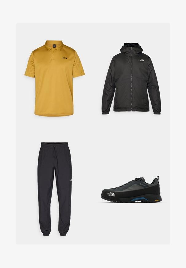 Svart The North Face hettegenser med frontglidelås, elastiske mansjetter, og logo på øvre venstre bryst mot en hvit bakgrunn.; Kortermet poloskjorte i sennepsgul, laget av glattsvevende stoff, har klassisk krage og en liten svart logo på brystet.; Sorte idrettsbukser laget av lett stoff, med snor i livet, sidelommer og smale mansjetter ved anklene.; The North Face VERTO ALPINE GORE TEX - Fjellsko - asphalt grey/tnf black