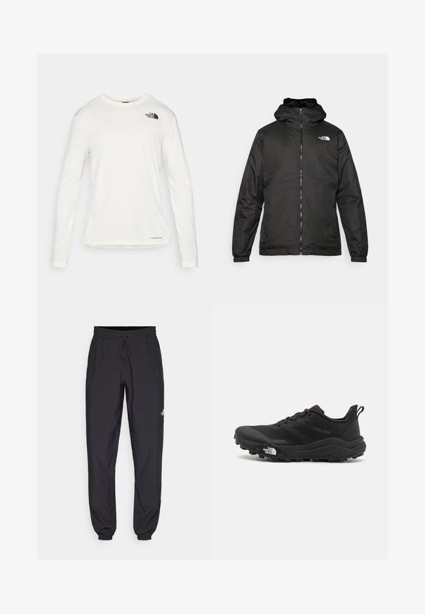 Black The North Face hooded jacket with front zipper, elastic cuffs, and logo on the upper left chest against a white background.; White long-sleeve shirt with a round neck, textured fabric, black logo on the left shoulder, and subtle branding at the bottom.; Black athletic pants made from lightweight fabric, featuring a drawstring waistband, side pockets, and tapered cuffs at the ankles.; Black trail running shoe with a textured upper, rubber sole, and reinforced toe cap. Features a padded collar and pull tab for easy wear.