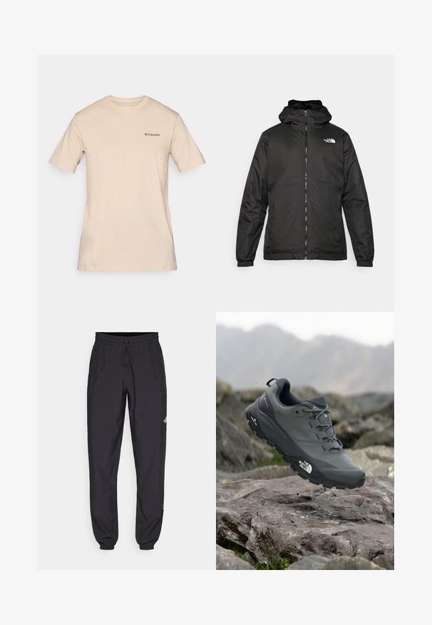 Jacket preta com capuz da The North Face, com fecho éclair na frente, punhos elásticos e logotipo no canto superior esquerdo do peito, em fundo branco.; T-shirt bege de mangas curtas feito de algodão, com um pequeno logótipo preto da Columbia no lado esquerdo do peito. Design clássico de decote redondo.; Calças atléticas pretas feitas de tecido leve, com um cós ajustável por cordão, bolsos laterais e punhos afunilados nos tornozelos.; Sapatilha de corrida em trilhos cinza com um cabedal texturizado, sola de borracha durável e ponteira reforçada. Apresenta atacadores e o logótipo da marca de lado.
