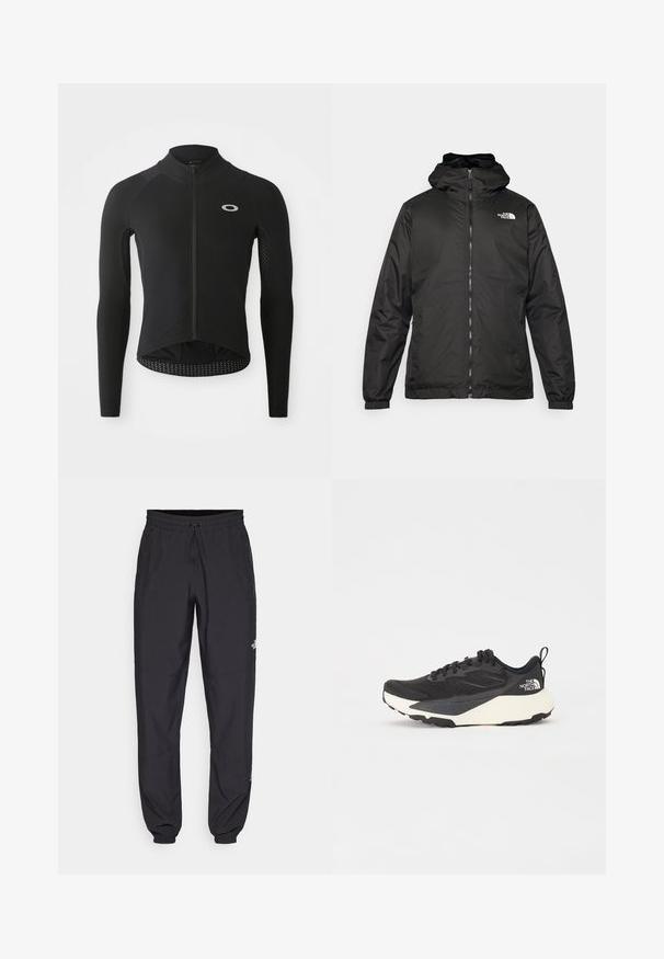 Fekete The North Face kapucnis dzseki elülső zipzárral, elasztikus mandzsettákkal és logóval a bal felső mellkason, fehér háttér előtt.; Fekete, hosszú ujjú kerékpáros mez, zipzáros elülső résszel, texturált ujjpanelekkel, fényvisszaverő logóval a mellkason és ívelt hátrésszel.; Fekete sportnadrág, könnyű anyagból készült, húzózsinóros derékkal, oldalsó zsebekkel és szűkített szárakkal a bokáknál.; Fekete sportcipő texturált hálós felső résszel, egységes fekete kiegészítőkkel és fehér könnyített talppal. Fűzős záródással és húzóhurokkal rendelkezik.
