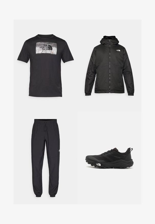 Must esine The North Face must kapuutsiga jakk, millel on esizipp, elastsed mansetid ja logo vasakul ülemisel rinnal valge tausta ees.; Must have lühikeste varrukatega must T-särk, millel on ees valge ja hall kontuurjooniste graafika ning "The North Face" logo.; Mustavad sportlikud püksid, mis on valmistatud kergest kangast, joonlauaga taljest, küljetaskudega ja kitsenevate varrukatega pahkluude juures.; Must tume jooksujalats musta värvi, tekstuurse ülemise osaga, kummist tallaga ja tugevdatud varbaga. Omab pehmendusega krae ja tõmblinti mugavaks selga panemiseks.