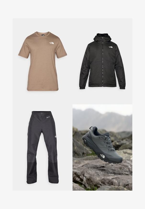 Black The North Face hooded jacket with front zipper, elastic cuffs, and logo on the upper left chest against a white background.; Short-sleeve, light brown cotton t-shirt featuring a small white logo on the chest. Classic crew neck, smooth texture, and standard fit.; Black waterproof pants with a smooth texture, featuring a GORE-TEX logo on the front, and reinforced lower legs for durability.; Grey trail running shoe with a textured upper, durable rubber sole, and reinforced toe cap. Features laces and brand logo on the side.