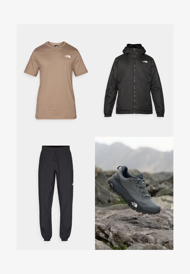 Zwarte The North Face hoodie met ritssluiting aan de voorkant, elastische manchetten en logo op de bovenste linkerborst tegen een witte achtergrond.; Korte mouwen, lichtbruin katoenen t-shirt met een klein wit logo op de borst. Klassieke ronde hals, gladde textuur en een standaard pasvorm.; Zwarte sportieve broek gemaakt van lichtgewicht stof, met een trekkoord in de taille, zijzakken en taps toelopende boorden bij de enkels.; Grijze trailrun-schoen met een gestructureerde bovenkant, duurzame rubbersole en versterkte neuskap. Voorzien van veters en een merkimprint aan de zijkant.