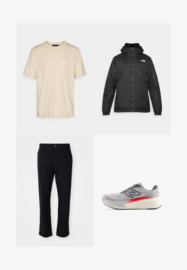 Juodas „The North Face“ striukė su gobtuvu, priekyje užtrauktuku, elastingomis rankogaliais ir logotipu viršutinėje kairėje krūtinės pusėje ant baltos fono.; Kreminės spalvos medvilninė trumpa rankovė marškinėliai su apvaliu iškirpimu. Išskirtinai išsiuvinėtas logotipas ant krūtinės. Minkšta, glotni tekstūra.; Juodi keliniai su sagos užsegimu, tiesių kojų dizainu, lygiu paviršiumi ir šoninėmis kišenėmis, tinkami įvairioms progoms.; Šviesiai pilki sportiniai bateliai su kvėpuojančiu tinkleliu, kontrastingais raudonais akcentais, paminkštintu padu ir apvaliu pirštu, užtikrinančiu komfortą.
