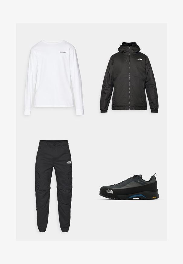Jachetă cu glugă The North Face de culoare neagră, cu fermoar frontal, manșete elastice și logo pe partea superioară stângă a pieptului, pe un fundal alb.; Cămașă albă cu mânecă lungă, din bumbac, ce prezintă un guler rotund și un mic logo negru în zona stângă a pieptului.; The North Face EXPLORATION TAPERED CONVERTIBLE - Pantaloni outdoor - black; The North Face VERTO ALPINE GORE TEX - Pantofi drumeție - asphalt grey/tnf black