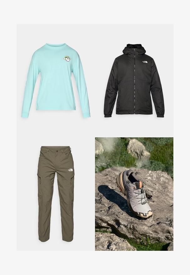 Jacket preta com capuz da The North Face, com fecho éclair na frente, punhos elásticos e logotipo no canto superior esquerdo do peito, em fundo branco.; Camisola de manga longa azul clara feita de algodão. Apresenta um pequeno rosto ilustrado com um chapéu no peito; a manga esquerda tem um detalhe em texto.; Calças de exterior verde-oliva feitas de um tecido leve, com bolsos tipo cargo, detalhes em zíper e um logótipo na parte superior da coxa.; Sapatilha de corrida em trilhos cinza claro com detalhes em bege, parte superior texturizada, atacadores pretos e sola com padrão de aderência pronunciado. Apresenta o logótipo da marca.