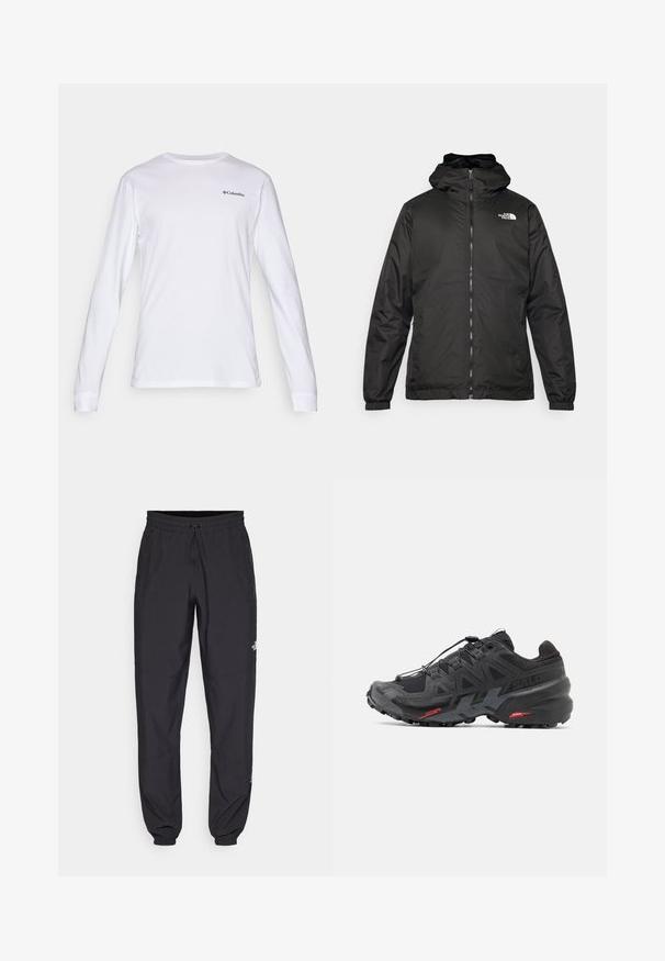 Jacket preta com capuz da The North Face, com fecho éclair na frente, punhos elásticos e logotipo no canto superior esquerdo do peito, em fundo branco.; T-shirt de manga longa branca, feita de algodão, com decote redondo e pequeno logótipo preto da Columbia no peito. Textura suave, design ajustado.; Calças atléticas pretas feitas de tecido leve, com um cós ajustável por cordão, bolsos laterais e punhos afunilados nos tornozelos.; Sapatilha de corrida preta com parte superior em sintético, design texturizado e detalhes em vermelho contrastante. Apresenta um sistema de atilho seguro e sola robusta.