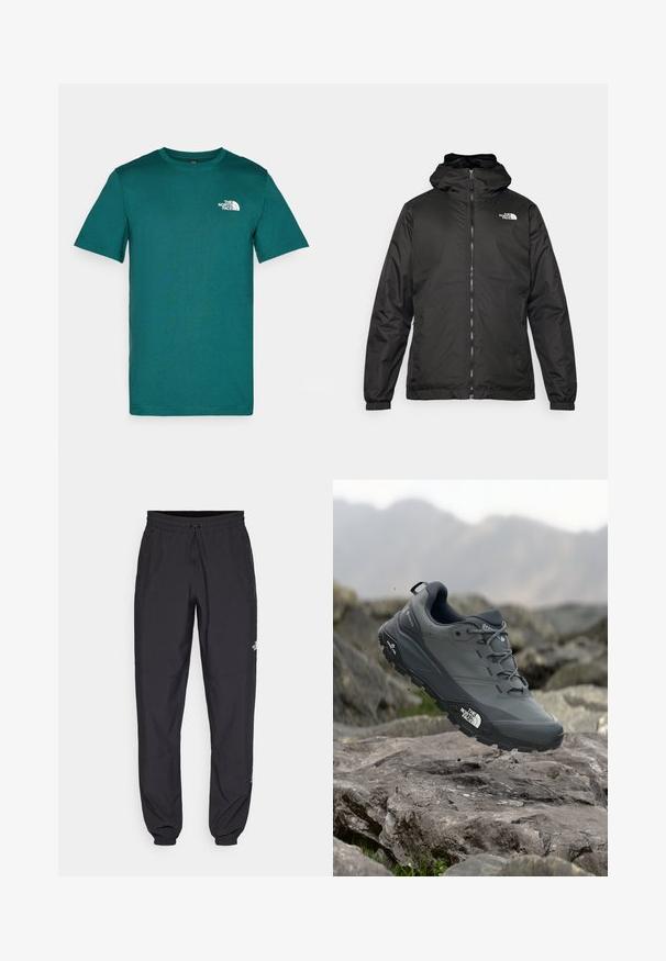 Schwarze The North Face Kapuzenjacke mit Reißverschluss auf der Vorderseite, elastischen Bündchen und Logo auf der oberen linken Brust vor einem weißen Hintergrund.; Türkise Kurzarm-T-Shirt aus weichem Baumwollmaterial, mit einem runden Rundhalsausschnitt und einem weißen Logo auf der linken Brust. Schlichtes Design, ohne Muster.; Schwarze Sporthosen aus leichtem Stoff, mit einem Kordelzugbund, seitlichen Taschen und schmal zulaufenden Bündchen an den Knöcheln.; Grau Trailrunning-Schuh mit einer strukturierten Oberseite, haltbarer Gummisohle und verstärkter Zehenkappe. Verfügt über Schnürsenkel und ein Markenlogo an der Seite.