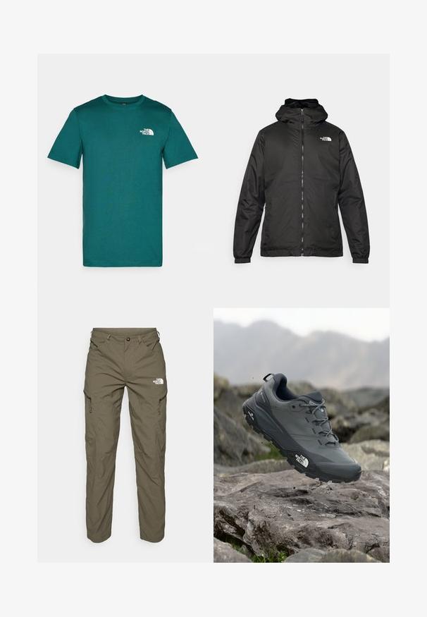 Black The North Face hooded jacket with front zipper, elastic cuffs, and logo on the upper left chest against a white background.; Teal short-sleeve t-shirt made of soft cotton, featuring a round crew neck and a white logo on the left chest. Plain design, no patterns.; Olive green outdoor pants made of lightweight fabric, featuring cargo pockets, zipper accents, and a logo on the upper thigh.; Grey trail running shoe with a textured upper, durable rubber sole, and reinforced toe cap. Features laces and brand logo on the side.