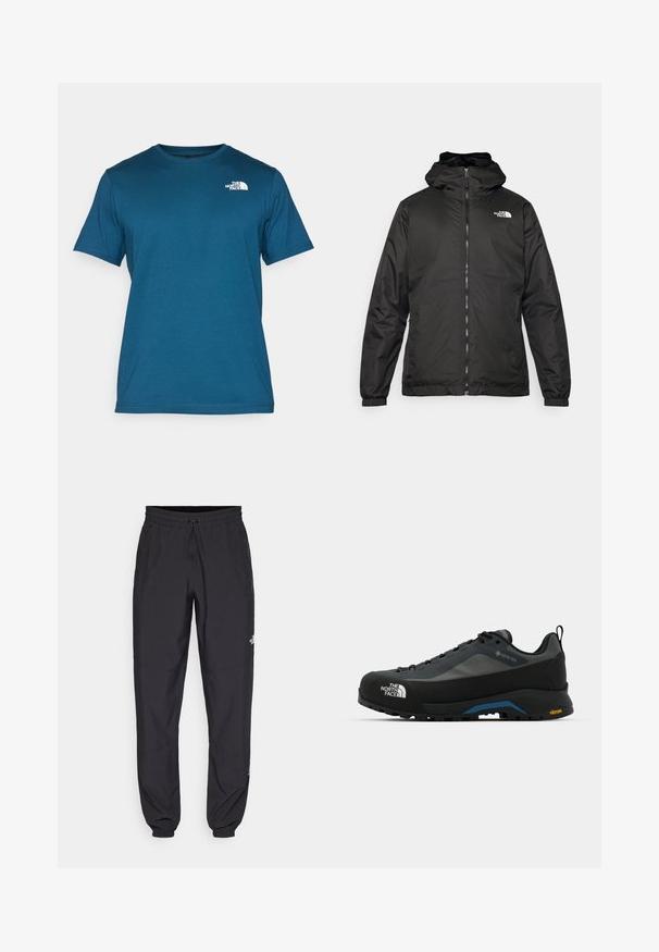Čierna bundá s kapucňou The North Face s predným zipsom, elastickými manžetami a logom v ľavom hornom rohu hrude na bielom pozadí.; The North Face M SS BOX NSE TEE - Tričko s potlačou - midnight petrol/red; Čierne športové nohavice vyrobené z ľahkej tkaniny, s elastickým pásom na šnurovanie, bočnými vreckami a zúženými manžetami na členkoch.; The North Face VERTO ALPINE GORE TEX - Turistické topánky - asphalt grey/tnf black