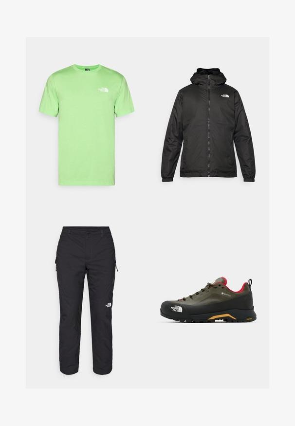 Must esine The North Face must kapuutsiga jakk, millel on esizipp, elastsed mansetid ja logo vasakul ülemisel rinnal valge tausta ees.; Mündroheline puuvillane T-särk ümarate kaelustega ja lühikeste varrukatega. Esiküljel on valge logo vasakul rinnal. Sile tekstuur, mugav lõige.; The North Face WINTER EXPLORATION TAPERED CARGO - Õuepüksid - black; GORE-TEX matkaš kingad oliivirohelises värvuses musta kummitossu ja keskmise tallaga. Varustatud musta ja kollase Vibram väljatallaga, roosade aktsentide ja paeltega.