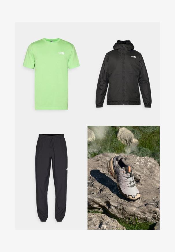 Fekete The North Face kapucnis dzseki elülső zipzárral, elasztikus mandzsettákkal és logóval a bal felső mellkason, fehér háttér előtt.; Mentazöld pamut póló, kerek nyakkivágással és rövid ujjakkal. Bal mellet fehér logóval rendelkezik. Sima textúrájú, laza fazon.; Fekete sportnadrág, könnyű anyagból készült, húzózsinóros derékkal, oldalsó zsebekkel és szűkített szárakkal a bokáknál.; Fény szürke terepfutó cipő bézs akcentusokkal, textúrázott felső résszel, fekete fűzőkkel és hangsúlyos talpkialakítással. A márka logóját is tartalmazza.