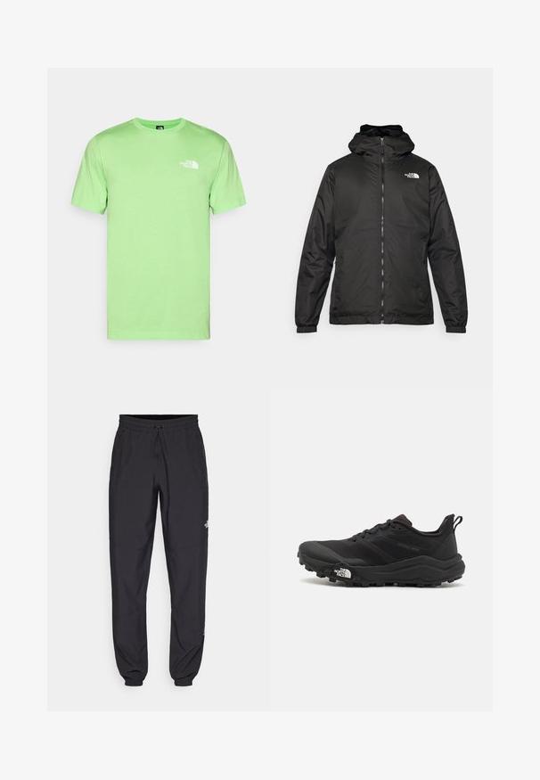 Juodas „The North Face“ striukė su gobtuvu, priekyje užtrauktuku, elastingomis rankogaliais ir logotipu viršutinėje kairėje krūtinės pusėje ant baltos fono.; Mėtų žalios medvilnės marškinėliai su apvaliu kaklu ir trumpomis rankovėmis. Ant kairės krūtinės pusės yra baltas logotipas. Lygus paviršius, laisvas fitas.; Juodos sportinės kelnės, pagamintos iš lengvos medžiagos, su raišteliu liemens srityje, šoniniais kišenėmis ir siaurėjantys apykaklės prie kulkšnies.; Juoda bėgimo batai su tekstūruotu paviršiumi, guma padais ir sustiprinta pirštų dalimi. Yra paminkštinta apykaklė ir kilpos, leidžiančios lengvai užsidėti.
