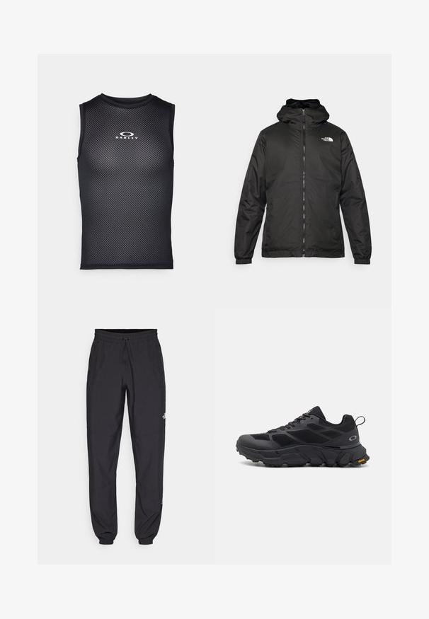 Schwarze The North Face Kapuzenjacke mit Reißverschluss auf der Vorderseite, elastischen Bündchen und Logo auf der oberen linken Brust vor einem weißen Hintergrund.; Schwarzes ärmelloses Sportshirt aus Netzmaterial mit einem Rundhalsausschnitt und dem weißen "Oakley"-Logo auf der Brust.; Schwarze Sporthosen aus leichtem Stoff, mit einem Kordelzugbund, seitlichen Taschen und schmal zulaufenden Bündchen an den Knöcheln.; Schwarze Sportschuhe mit einer robusten Sohle, Obermaterial aus Mesh und Synthetik, strukturierten Akzenten und Vibram-Branding an der Außensohle.