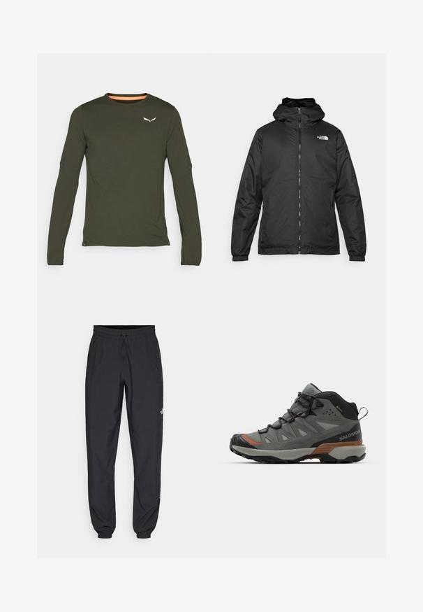 Črna kapuca jakna The North Face z sprednjim zadrgo, elastičnimi manšetami in logotipom na zgornjem levem prsnem delu na belem ozadju.; Salewa PEDROC DRY TEE - Majica z dolgimi rokavi - dark olive; Črne atletske hlače iz lahkega materiala, ki imajo elastični pas z vezalko, stranske žepe in zožene manšete na gležnjih.; Srednje visoke outdoor čevlje v sivi mrežasti in usnjeni kombinaciji, z gumijastim podplatom, vezanim sprednjim delom in oranžnimi detajli, zasnovani za vzdržljivost in udobje.