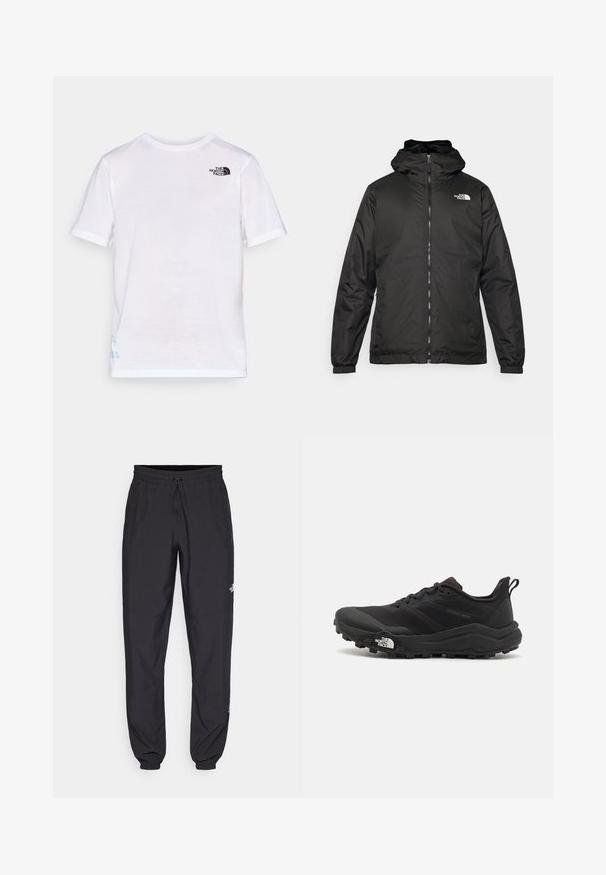 Melnā The North Face kapuce jaka ar priekšējo rāvējslēdzēju, elastīgām piedurknēm un logo augšējā kreisajā krūtī uz balta fona.; Balts īsām piedurknēm T-krekls ar melnu logotipu kreisajā augšējā krūtīs un zilu dizaina akcents tuvumā apakšmalai. Mīksts, viegls audums.; Melni sporta bikses, kas izgatavotas no viegla auduma, ar savelcamu jostu, sānu kabatām un sašaurinātiem apakšējiem galiem pie potītēm.; Melnas taku skriešanas kurpes ar teksturētu virsu, gumijas zoli un pastiprinātu pirkstu daļu. Aprīkotas ar mīkstu apkakli un vilkšanas cilpu, lai viegli uzvilktu.