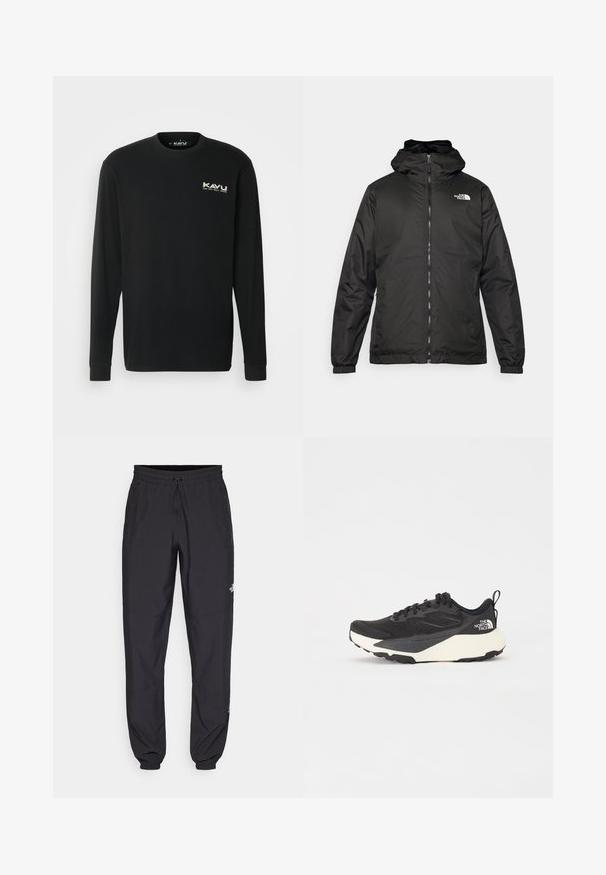 Sort The North Face hættejakke med frontlynlås, elastiske manchetter og logo på øverste venstre bryst mod en hvid baggrund.; KAVU ETCH ART - Langærmet T-shirt - black; Sorte atletiske bukser lavet af letvægtsstof, med en snor i taljen, sidelommer og tapered manchetter ved anklerne.; Sort sportsko med struktureret mesh-overdel, solide sorte detaljer og hvid letvægts sål. Har snørebåndslukning og trækstrop.