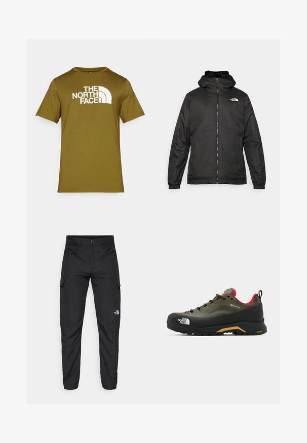 Čierna bundá s kapucňou The North Face s predným zipsom, elastickými manžetami a logom v ľavom hornom rohu hrude na bielom pozadí.; Olivovo zelené bavlnené tričko s bielou potlačou loga "THE NORTH FACE" a zakrivenými dizajnovými prvkami na prednej strane. Okrúhly výstrih, krátke rukávy.; The North Face HORIZON PANT - Outdoorové nohavice - black; Hikingová obuv GORE-TEX v olivovej zelenej farbe s čiernym gumovým špičkovým krytom a strednou podrážkou. Obsahuje čiernu a žltú Vibram podrážku, ružové akcenty a šnúrky.