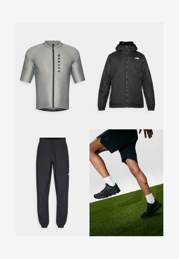 Czarna kurtka z kapturem The North Face z zamkiem błyskawicznym z przodu, elastycznymi mankietami i logo na górnej lewej stronie klatki piersiowej na białym tle.; Koszulka kolarska z krótkim rękawem w gładkim szarym materiale z zamkiem błyskawicznym z przodu, z czarnym logo "OAKLEY" i dopasowanym krojem.; Czarne spodenki sportowe wykonane z lekkiego materiału, z elastycznym pasem na sznurek, bocznymi kieszeniami i zwężanymi mankietami przy kostkach.; Czarne buty sportowe z teksturowanym siateczkowym wierzchem i wyraźnym wzorem podeszwy, noszone z białymi skarpetami i ciemnymi szortami, na tle zielonej trawy.
