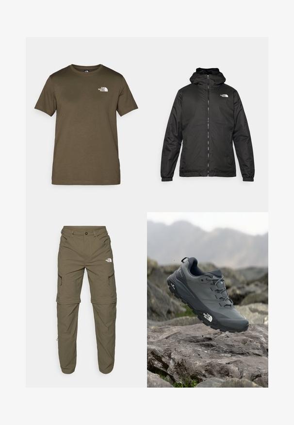 Black The North Face hooded jacket with front zipper, elastic cuffs, and logo on the upper left chest against a white background.; Olive green cotton t-shirt with short sleeves, crew neck, and a white logo on the left chest. Smooth fabric texture, regular fit.; The North Face EXPLORATION TAPERED CONVERTIBLE - Outdoor trousers - new taupe green; Grey trail running shoe with a textured upper, durable rubber sole, and reinforced toe cap. Features laces and brand logo on the side.