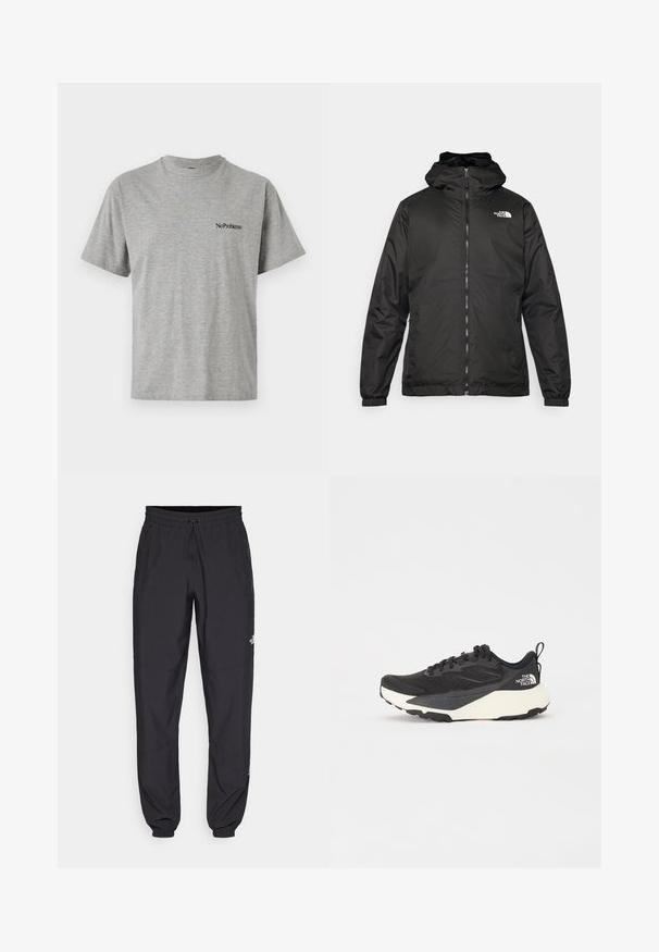 Schwarze The North Face Kapuzenjacke mit Reißverschluss auf der Vorderseite, elastischen Bündchen und Logo auf der oberen linken Brust vor einem weißen Hintergrund.; Graues T-Shirt mit kurzen Ärmeln aus Baumwollmischung, mit Rundhalsausschnitt und schwarzem "No Problemo"-Text auf der Vorderseite bedruckt.; Schwarze Sporthosen aus leichtem Stoff, mit einem Kordelzugbund, seitlichen Taschen und schmal zulaufenden Bündchen an den Knöcheln.; Schwarzer Sportschuh mit strukturiertem Mesh-Obermaterial, komplett schwarzen Akzenten und leichter weißer Laufsohle. Verfügt über eine Schnürung und eine Zuglasche.