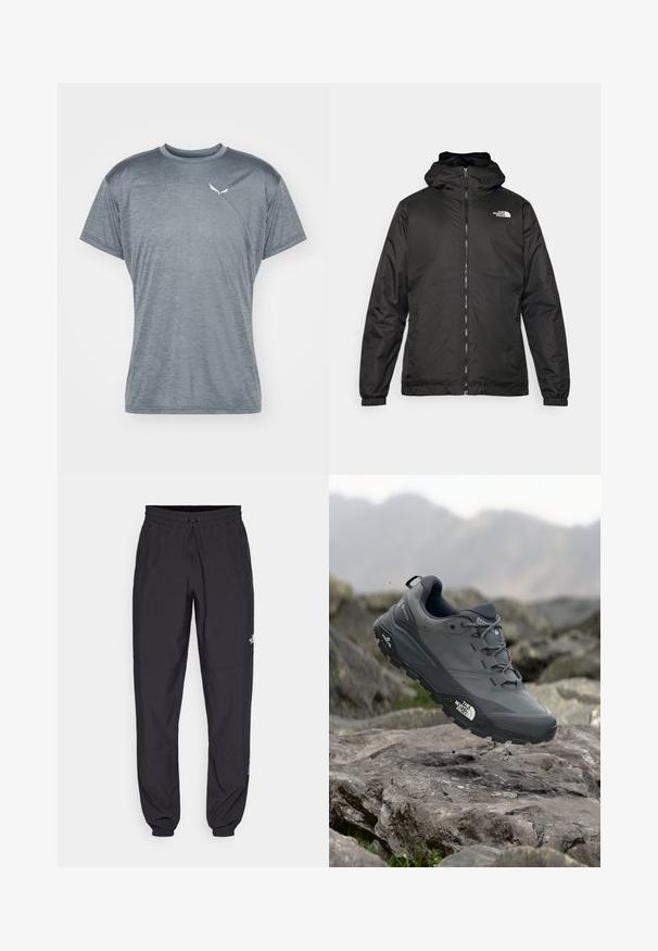Svart The North Face hettegenser med frontglidelås, elastiske mansjetter, og logo på øvre venstre bryst mot en hvit bakgrunn.; Salewa PUEZ MELANGE DRY TEE - T-skjorte til trening - java blue melange; Sorte idrettsbukser laget av lett stoff, med snor i livet, sidelommer og smale mansjetter ved anklene.; Grå terrengløpesko med en teksturert overdel, slitesterk gummisåle og forsterket tåhette. Inkluderer snørebånd og merkevarelogo på siden.
