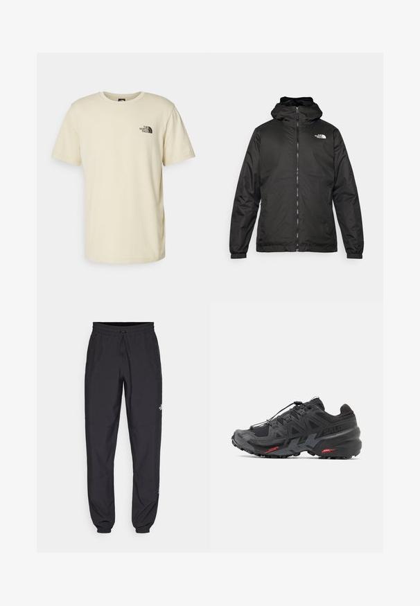 Crna jakna s kapuljačom The North Face s prednjim patentnim zatvaračem, elastičnim manžetama i logotipom na gornjem lijevom dijelu prsnog koša, na bijeloj pozadini.; Svijetlo bež pamučna majica s okruglim izrezom i kratkim rukavima. Ima crni logo otisnut na lijevoj strani prsnog područja. Jednostavan, klasičan kroj.; Crne sportske hlače od lagane tkanine, s pojasom na vezanje, bočnim džepovima i suženim manžetama na gležnjevima.; Crne trkaće tenisice s sintetičkom gornjom stijenkom, teksturiranim dizajnom i kontrastnim crvenim detaljima. Imaju sustav vezanja za sigurno uklapanje i robustnu potplat.