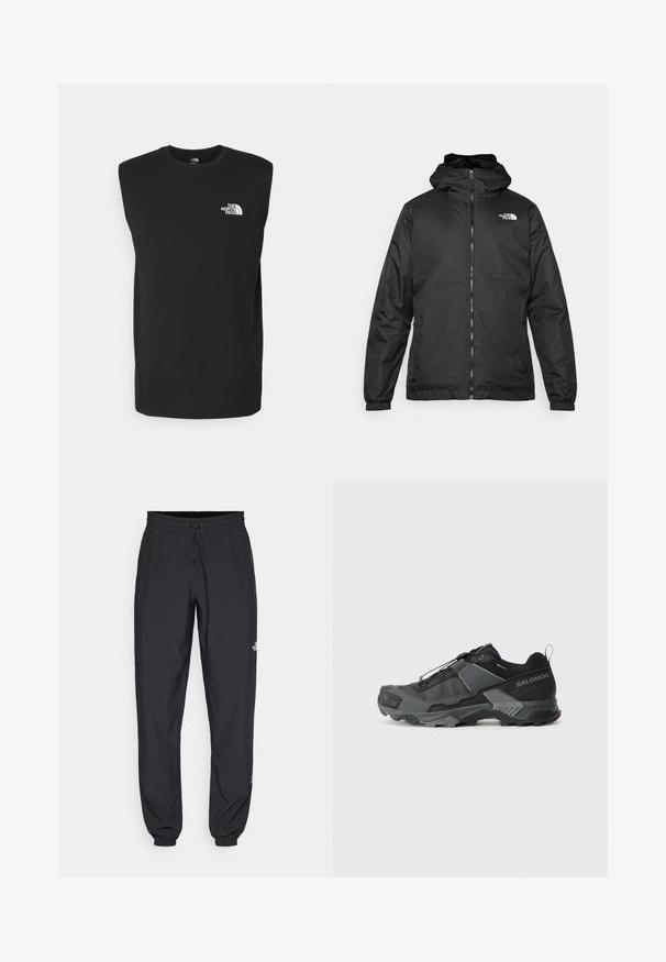 Giacca a vento nera The North Face con zip frontale, polsini elasticizzati e logo sulla parte superiore sinistra del petto, su sfondo bianco.; Canottiera nera senza maniche in cotone, con scollo rotondo e un piccolo logo bianco sul lato sinistro del petto. Texture liscia.; Pantaloni sportivi neri realizzati in tessuto leggero, con vita regolabile con cordino, tasche laterali e orli affusolati alle caviglie.; Scarpa da trail running nera con tomaia in mesh resistente, puntale rinforzato, suola in gomma testurizzata e sistema di lacci elastici per una calzata sicura.