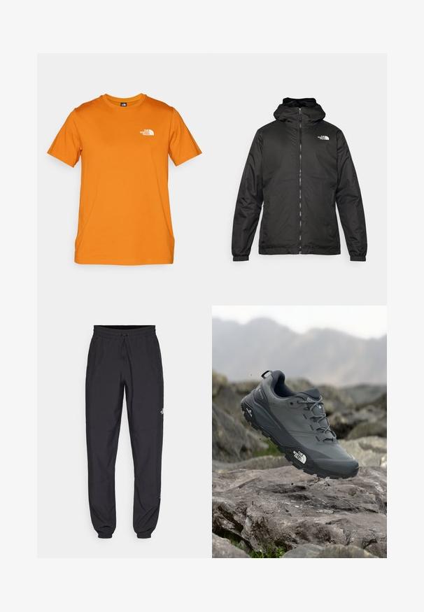 Must esine The North Face must kapuutsiga jakk, millel on esizipp, elastsed mansetid ja logo vasakul ülemisel rinnal valge tausta ees.; Kortsleeve oranž t-särk, mis on valmistatud puuvillast, millel on vasakul rinnal väike valge logo. Ümmargune kaelus ja sirge äär.; Mustavad sportlikud püksid, mis on valmistatud kergest kangast, joonlauaga taljest, küljetaskudega ja kitsenevate varrukatega pahkluude juures.; Hallhalli jooksukingad halli värvi, tekstureeritud ülemise osaga, vastupidava kummist tallaga ja tugevdatud varvaste kattega. Omab paelu ja kaubamärgi logo küljel.