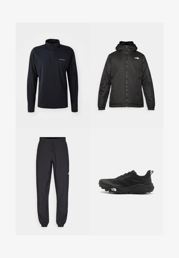 Fekete The North Face kapucnis dzseki elülső zipzárral, elasztikus mandzsettákkal és logóval a bal felső mellkason, fehér háttér előtt.; Fekete pulóver, fél cipzárral, puha, rugalmas anyagból készült. Raglán ujjak, cipzáras zseb a bal karon és logó részlet jellemzi.; Fekete sportnadrág, könnyű anyagból készült, húzózsinóros derékkal, oldalsó zsebekkel és szűkített szárakkal a bokáknál.; Fekete terepfutó cipő, textúrált felső résszel, gumitalppal és megerősített lábujjrészével. Párnázott bokarésszel és húzófüllel rendelkezik a könnyű felhúzáshoz.