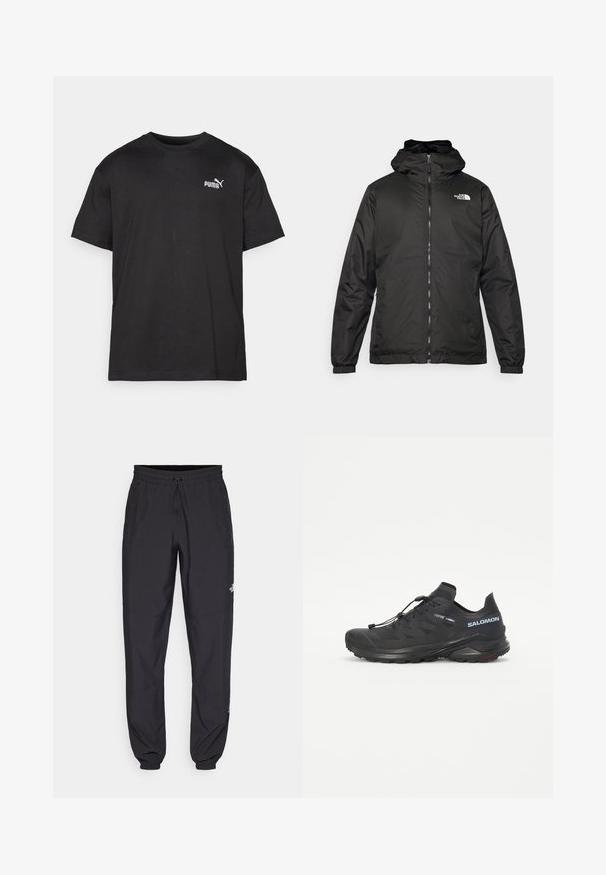 Crna jakna s kapuljačom The North Face s prednjim patentnim zatvaračem, elastičnim manžetama i logotipom na gornjem lijevom dijelu prsnog koša, na bijeloj pozadini.; Crna pamučna majica, kratki rukavi, okrugli izrez, s bijelim Puma logom na lijevoj strani grudi, ravni rub, glatka tekstura.; Crne sportske hlače od lagane tkanine, s pojasom na vezanje, bočnim džepovima i suženim manžetama na gležnjevima.; Crne trail tenisice za trčanje s teksturiranim gornjim dijelom, elastičnim vezicama i Contagrip potplatom. Imaju uski fit i zaštitni vrh.