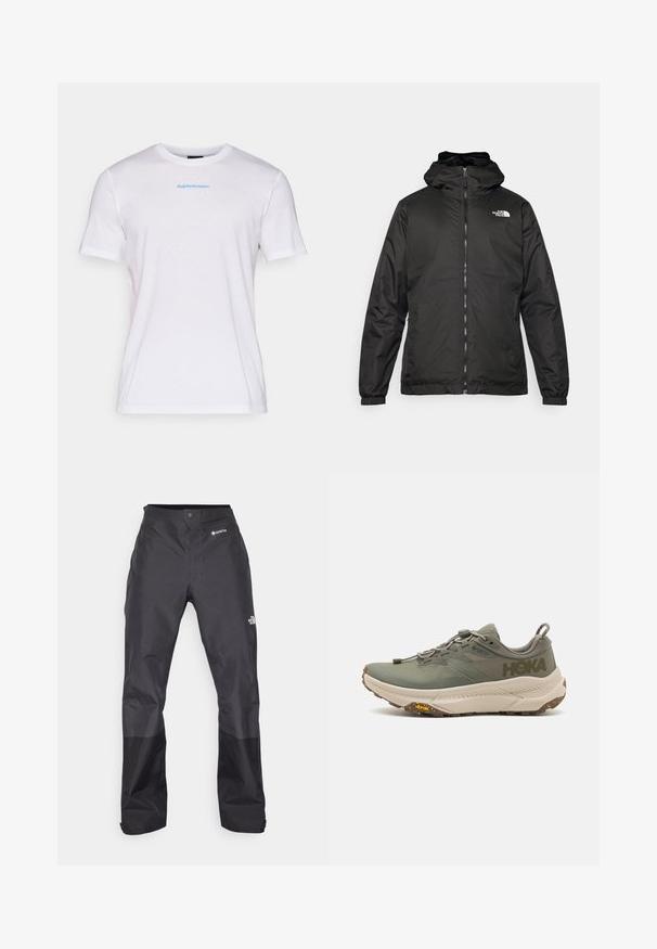 Juodas „The North Face“ striukė su gobtuvu, priekyje užtrauktuku, elastingomis rankogaliais ir logotipu viršutinėje kairėje krūtinės pusėje ant baltos fono.; Balta medvilnės marškinėliai su apvalia iškirpte ir trumpomis rankovėmis. Priekyje yra mėlynas tekstas "Peak Performance", audinys yra lygus.; Juodos vandeniui atsparios kelnės su lygiu paviršiumi, su GORE-TEX logotipu priekyje ir sustiprintomis apačiomis dėl ilgaamžiškumo.; Žalios Hoka bėgimo sportbačiai su Gore-Tex viršutine dalimi, tekstūriniais akcentais, elastingomis raištelėmis ir storu smėlio spalvos padu su Vibram logotipu.
