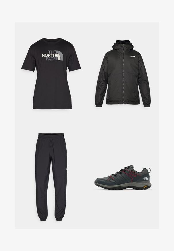 Must esine The North Face must kapuutsiga jakk, millel on esizipp, elastsed mansetid ja logo vasakul ülemisel rinnal valge tausta ees.; Must ülekaalus lühikeste varrukatega must T-särk, mis on valmistatud puuvillast, eeseel pool toob välja silmapaistva halli ja valge logo. Lõõgas sobivus koos ümarate kaelusmustriga.; Mustavad sportlikud püksid, mis on valmistatud kergest kangast, joonlauaga taljest, küljetaskudega ja kitsenevate varrukatega pahkluude juures.; Halli hallid, punaste aktsentidega, võrgu ja sünteetilisest materjalist ülemine, kinnitussüsteem ja Vibrami välispind haarduvuse tagamiseks. Omab Gore-Tex tehnoloogiat veekindluse saavutamiseks.