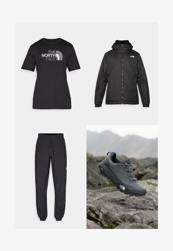 Black The North Face hooded jacket with front zipper, elastic cuffs, and logo on the upper left chest against a white background.; Black short-sleeve t-shirt made of cotton, featuring a prominent gray and white logo on the front. Relaxed fit with a crew neck design.; Black athletic pants made from lightweight fabric, featuring a drawstring waistband, side pockets, and tapered cuffs at the ankles.; Grey trail running shoe with a textured upper, durable rubber sole, and reinforced toe cap. Features laces and brand logo on the side.