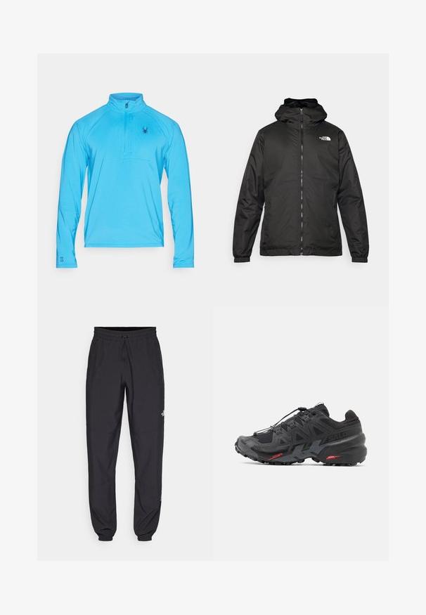 Black The North Face hooded jacket with front zipper, elastic cuffs, and logo on the upper left chest against a white background.; Spyder GRIDWEB 1/2 ZIP - Long sleeved top - aether blue; Black athletic pants made from lightweight fabric, featuring a drawstring waistband, side pockets, and tapered cuffs at the ankles.; Black running shoe with synthetic upper, textured design, and contrasting red accents. Features a secured lace system and rugged outsole.