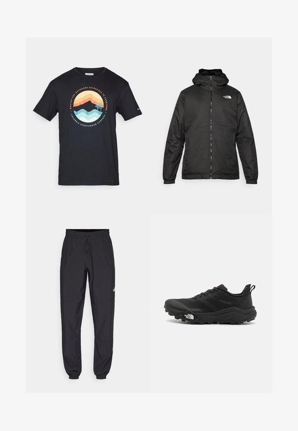 Must esine The North Face must kapuutsiga jakk, millel on esizipp, elastsed mansetid ja logo vasakul ülemisel rinnal valge tausta ees.; Mustmust t-särk mustast puuvillast, millel on ümmargune graafika mägedest, puudest ja lainetest koralli, sinise ja kollase värviga. Tekst: "Kohapealne kõigile."; Mustavad sportlikud püksid, mis on valmistatud kergest kangast, joonlauaga taljest, küljetaskudega ja kitsenevate varrukatega pahkluude juures.; Must tume jooksujalats musta värvi, tekstuurse ülemise osaga, kummist tallaga ja tugevdatud varbaga. Omab pehmendusega krae ja tõmblinti mugavaks selga panemiseks.