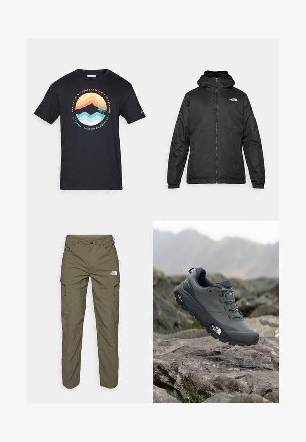 Svart The North Face hettegenser med frontglidelås, elastiske mansjetter, og logo på øvre venstre bryst mot en hvit bakgrunn.; Svart bomulls t-skjorte med et sirkulært grafisk motiv av fjell, trær og bølger i korall, blå og gule nyanser. Teksten sier "Tilgjengelig for alle."; Oliven grønne utendørsbukser laget av lett materiale, med cargo-lommer, glidelåsdetaljer og en logo på overlåret.; Grå terrengløpesko med en teksturert overdel, slitesterk gummisåle og forsterket tåhette. Inkluderer snørebånd og merkevarelogo på siden.