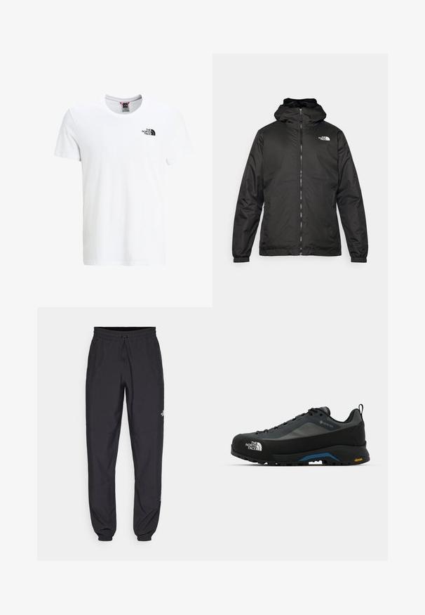 Schwarze The North Face Kapuzenjacke mit Reißverschluss auf der Vorderseite, elastischen Bündchen und Logo auf der oberen linken Brust vor einem weißen Hintergrund.; Weißes Baumwoll-T-Shirt mit kurzen Ärmeln, rundem Ausschnitt und einem kleinen schwarzen Logo auf der oberen linken Brust. Glatte Textur, lässige Passform.; Schwarze Sporthosen aus leichtem Stoff, mit einem Kordelzugbund, seitlichen Taschen und schmal zulaufenden Bündchen an den Knöcheln.; The North Face VERTO ALPINE GORE TEX - Hikingschuh - asphalt grey/tnf black