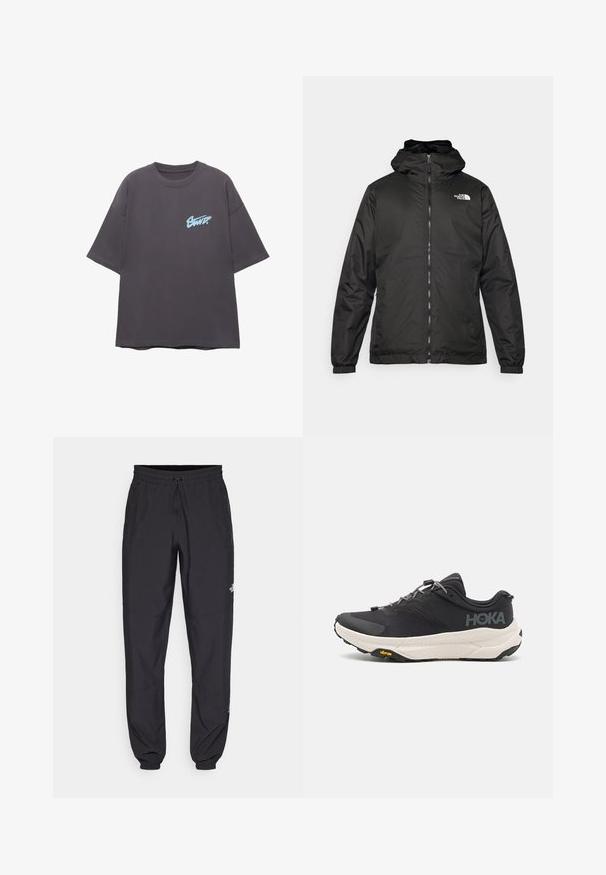 Černá kapucínová bunda The North Face s předním zipem, elastickými manžetami a logem na horní levé části hrudi na bílém pozadí.; Př oversized šedé tričko vyrobené z bavlny, se modrým grafickým logem na levé hrudi, kulatým výstřihem a krátkými rukávy.; Černé sportovní kalhoty vyrobené z lehké tkaniny, s páskem na šňůrku, bočními kapsami a zúženými manžetami na kotnících.; Černá atletická bota s texturovaným svrškem, šedými akcenty, reflexními detaily a silnou bílou podrážkou s logem Vibram.