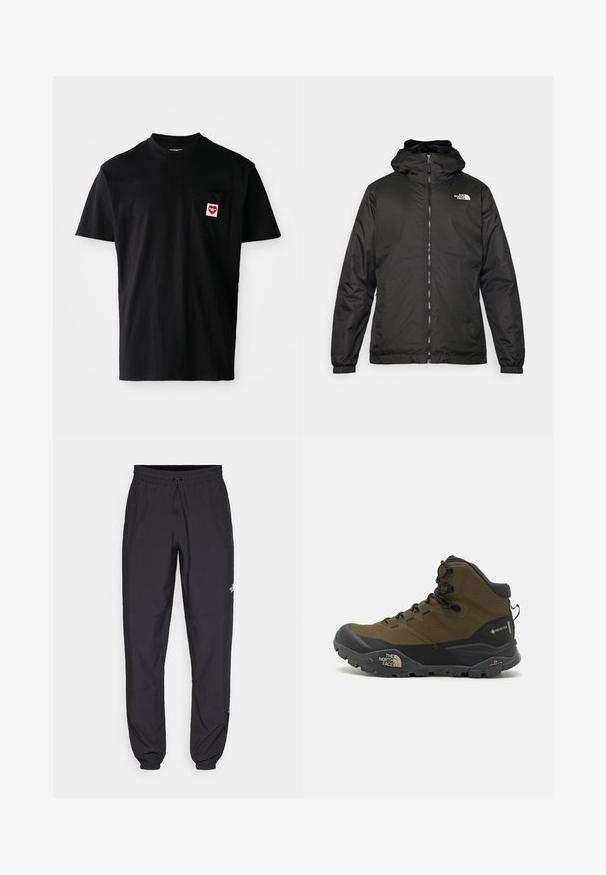 Black The North Face hooded jacket with front zipper, elastic cuffs, and logo on the upper left chest against a white background.; Black cotton t-shirt with a round neckline, short sleeves, and a left chest pocket featuring a red heart patch with white text.; Black athletic pants made from lightweight fabric, featuring a drawstring waistband, side pockets, and tapered cuffs at the ankles.; Waterproof hiking boots in dark olive green and black, featuring a textured upper, rugged sole, and reinforced toe cap.