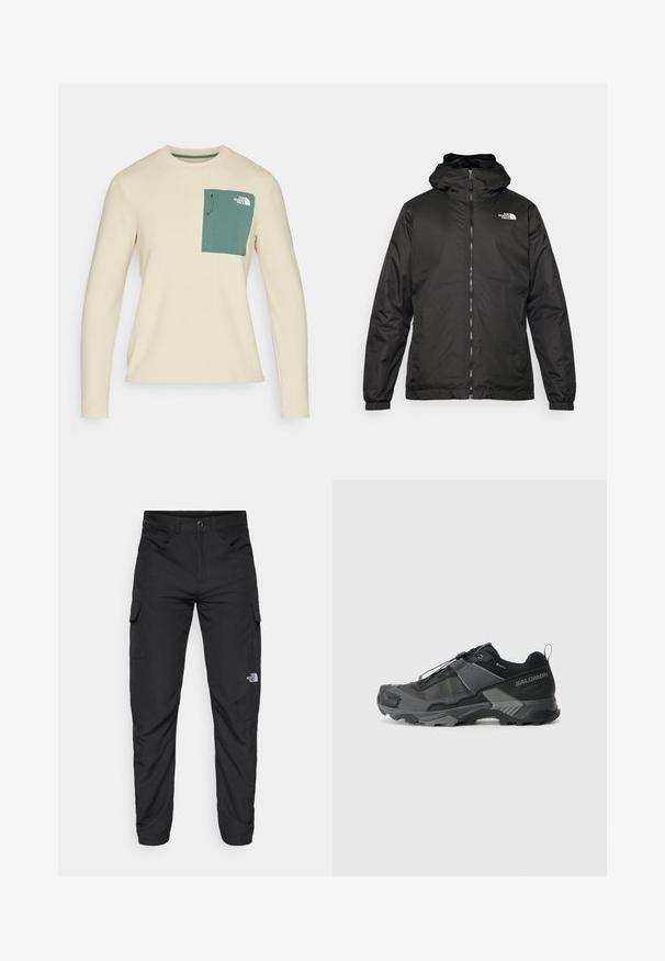 Fekete The North Face kapucnis dzseki elülső zipzárral, elasztikus mandzsettákkal és logóval a bal felső mellkason, fehér háttér előtt.; Beige hosszú ujjú felső strukturált anyagból, zöld mellzsebfedéllel, húzózsinórral és logós részlettel.; The North Face HORIZON PANT - Szabadtéri nadrágok - black; Fekete terepfutó cipő tartós hálós felsőrésszel, megerősített orr résszel, texturált gumitalppal és rugalmas fűzőrendszerrel a biztonságos illeszkedés érdekében.