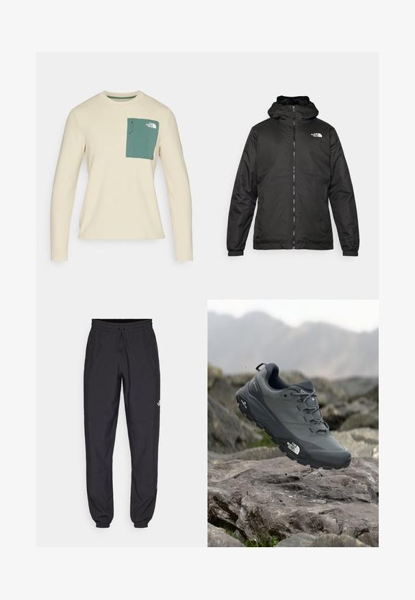 Jachetă cu glugă The North Face de culoare neagră, cu fermoar frontal, manșete elastice și logo pe partea superioară stângă a pieptului, pe un fundal alb.; Top bej cu mâneci lungi, realizat dintr-un material texturat, având o buzunar pe piept de culoare verde, cu șnur și detalii cu logo.; Pantaloni atletici negri, confecționați dintr-un material ușor, cu un tiv elastic la talie, buzunare laterale și tivuri ajustate la gleznă.; Pantof de alergare pe trasee gri, cu o partieră texturată, talpă din cauciuc durabil și vârf întărit. Dispune de șireturi și logo-ul brandului pe lateral.