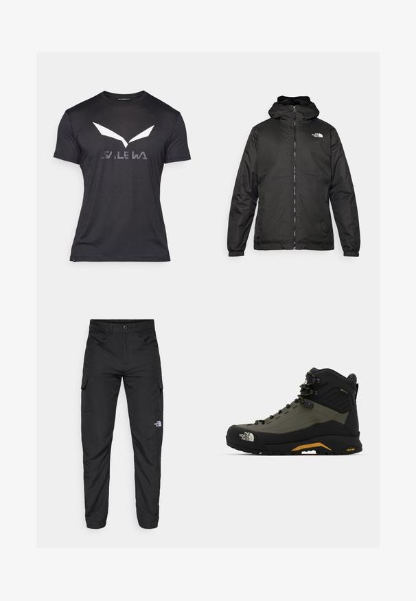 Must esine The North Face must kapuutsiga jakk, millel on esizipp, elastsed mansetid ja logo vasakul ülemisel rinnal valge tausta ees.; Must have lühikeste varrukatega T-särk musta värviga, millel on suur valge logo, mis meenutab tiibu, ja hall sõna "SALEWA" all. Sile kangatekstuur.; The North Face HORIZON PANT - Õuepüksid - black; Mustad matkasaapad mustas ja oliivrohelises värvuses, valmistatud sünteetilistest materjalidest, kõrge säärega, nööride süsteemiga ja Vibrami väljal aitab tagada haarduvuse.