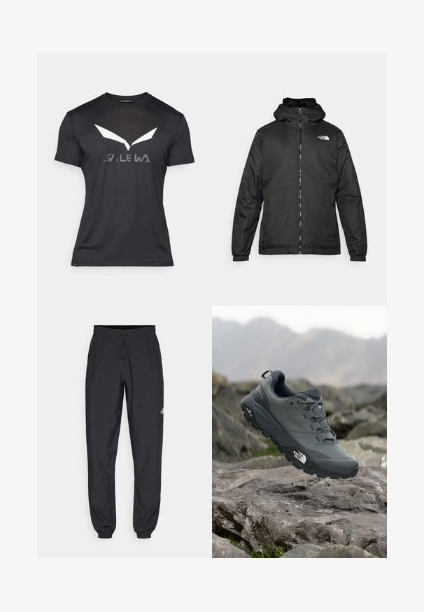 Must esine The North Face must kapuutsiga jakk, millel on esizipp, elastsed mansetid ja logo vasakul ülemisel rinnal valge tausta ees.; Must have lühikeste varrukatega T-särk musta värviga, millel on suur valge logo, mis meenutab tiibu, ja hall sõna "SALEWA" all. Sile kangatekstuur.; Mustavad sportlikud püksid, mis on valmistatud kergest kangast, joonlauaga taljest, küljetaskudega ja kitsenevate varrukatega pahkluude juures.; Hallhalli jooksukingad halli värvi, tekstureeritud ülemise osaga, vastupidava kummist tallaga ja tugevdatud varvaste kattega. Omab paelu ja kaubamärgi logo küljel.