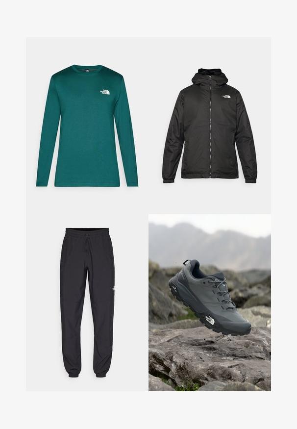 Jacket preta com capuz da The North Face, com fecho éclair na frente, punhos elásticos e logotipo no canto superior esquerdo do peito, em fundo branco.; Camisa de manga longa em teal, feita de um tecido suave. Com decote redondo e um pequeno logo branco na área do peito esquerdo. Textura lisa.; Calças atléticas pretas feitas de tecido leve, com um cós ajustável por cordão, bolsos laterais e punhos afunilados nos tornozelos.; Sapatilha de corrida em trilhos cinza com um cabedal texturizado, sola de borracha durável e ponteira reforçada. Apresenta atacadores e o logótipo da marca de lado.