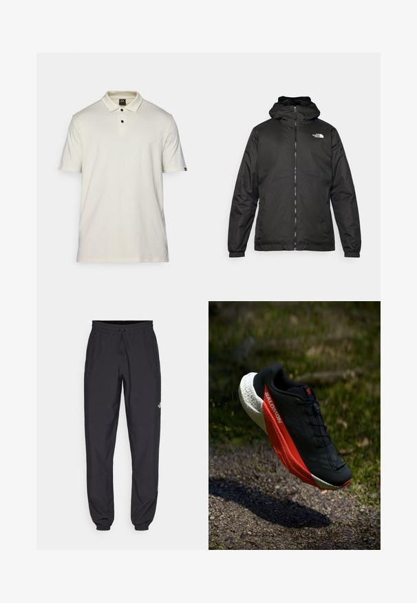 Črna kapuca jakna The North Face z sprednjim zadrgo, elastičnimi manšetami in logotipom na zgornjem levem prsnem delu na belem ozadju.; Polo majica s kratkimi rokavi v svetlih bež barvah iz bombaža, z klasikim ovratnikom, tri gumbi in majhnim logotipom na levem rokavu.; Črne atletske hlače iz lahkega materiala, ki imajo elastični pas z vezalko, stranske žepe in zožene manšete na gležnjih.; Črne tekaške čevlje z rdečimi poudarki, lahka mrežasta zgornji del, strukturirana bela podplat in sistem vezalk. Zasnovani za zmogljivost in udobje.