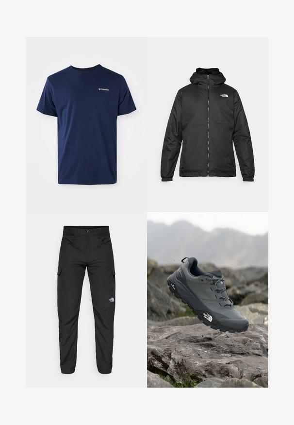 Black The North Face hooded jacket with front zipper, elastic cuffs, and logo on the upper left chest against a white background.; Navy blue cotton short-sleeve t-shirt with a crew neckline and a small white Columbia logo on the left chest. Soft texture, classic fit.; The North Face HORIZON PANT - Outdoor trousers - black; Grey trail running shoe with a textured upper, durable rubber sole, and reinforced toe cap. Features laces and brand logo on the side.